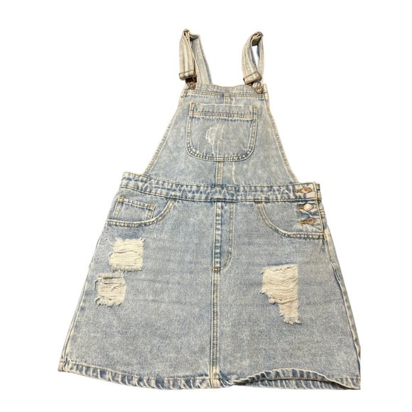 Forever 21 Los Angelas Light Blue Denim Overall Jumper Distressing Adj Straps Sz - Picture 1 of 5